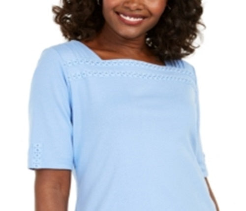 Karen Scott Women's Cotton Eyelet Trim Top Blue Size Large