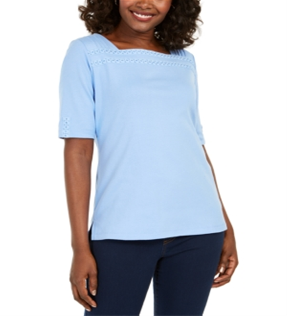 Karen Scott Women's Cotton Eyelet Trim Top Blue Size Large