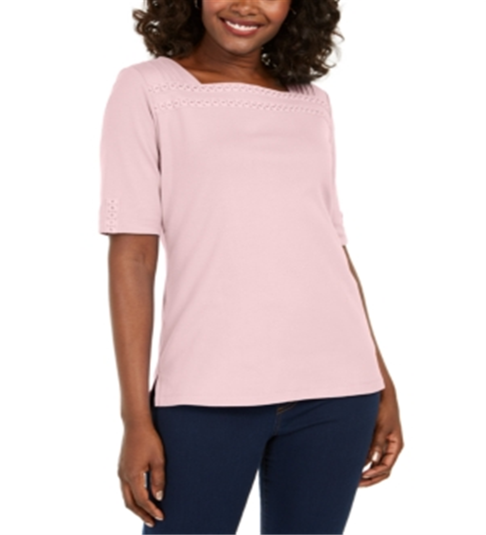 Karen Scott Women's Cotton Eyelet Trim Top Pink Size X-Small