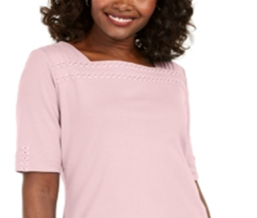 Karen Scott Women's Cotton Eyelet Trim Top Pink Size X-Small