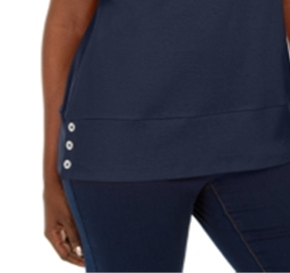 Karen Scott Women's Button Hem Scoop Neck Cotton Top Blue Size X-Large