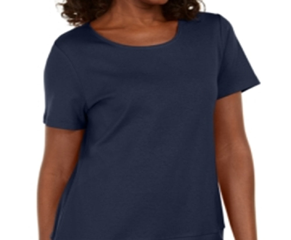 Karen Scott Women's Button Hem Scoop Neck Cotton Top Blue Size X-Large