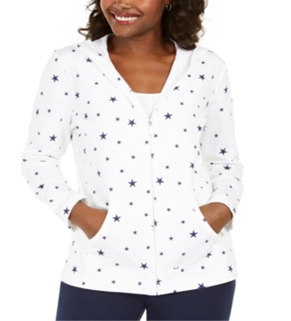 Karen Scott Women's Star Gaze Printed Zip Hoodie White Size Large