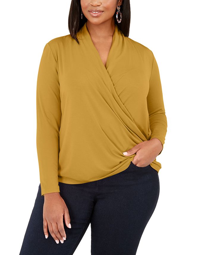 INC International Concepts Women's Surplice Front Top Yellow Size 0X