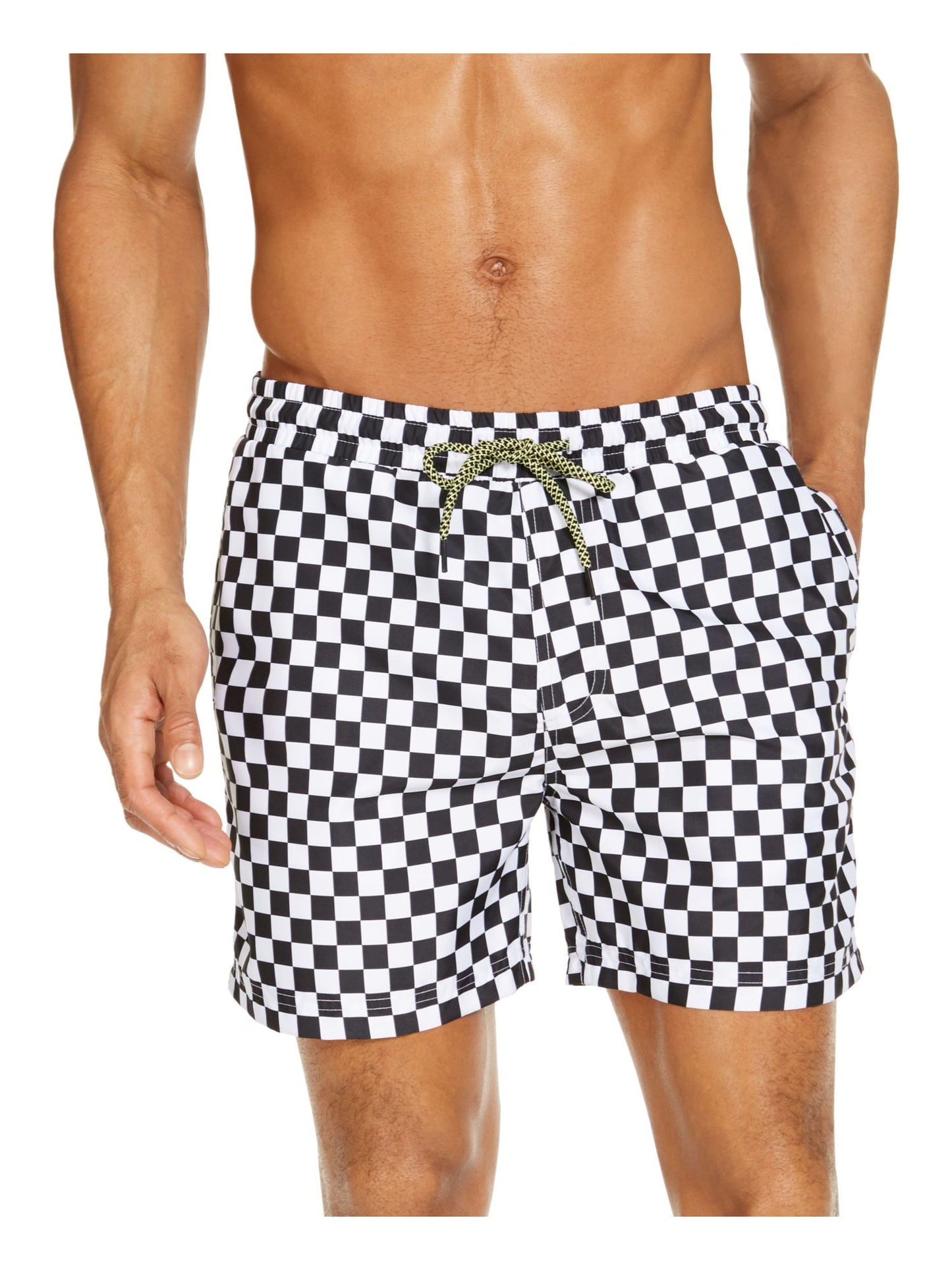 INC International Concepts Men's Zane Checkerboard 5 Swim Trunks White Size Large