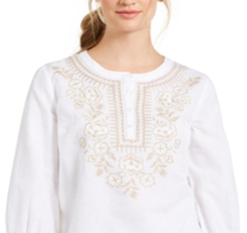 Charter Club Women's Metallic Embroidery Linen Blend Tunic White Size Large