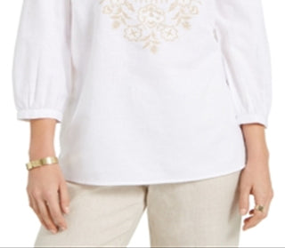 Charter Club Women's Metallic Embroidery Linen Blend Tunic White Size Large