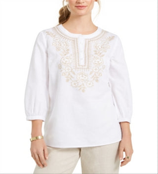 Charter Club Women's Metallic Embroidery Linen Blend Tunic White Size Large