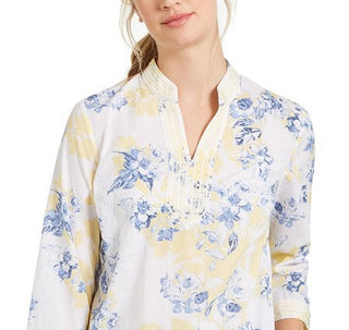 Charter Club Women's Printed Embroidered Voile Linen Blend Tunic Yellow Size Medium