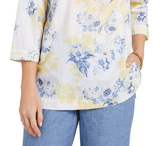 Charter Club Women's Printed Embroidered Voile Linen Blend Tunic Yellow Size Medium