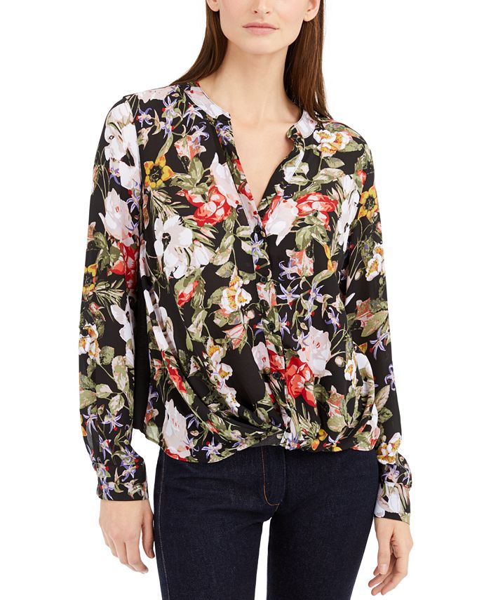 INC International Concepts Women's Floral Print Twist Front Blouse Black Size X-Large