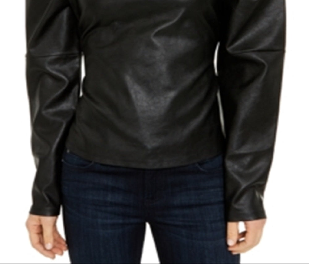 INC International Concepts Women's Faux Leather Faux Leather Tie Puff Long Sleeve Jewel Neck Top Black Size X-Small