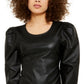 INC International Concepts Women's Faux Leather Faux Leather Tie Puff Long Sleeve Jewel Neck Top Black Size X-Small