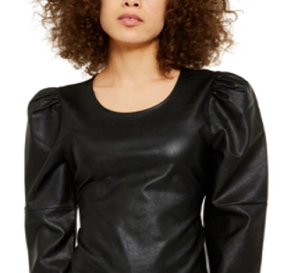 INC International Concepts Women's Faux Leather Faux Leather Tie Puff Long Sleeve Jewel Neck Top Black Size X-Small