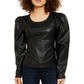 INC International Concepts Women's Faux Leather Faux Leather Tie Puff Long Sleeve Jewel Neck Top Black Size X-Small