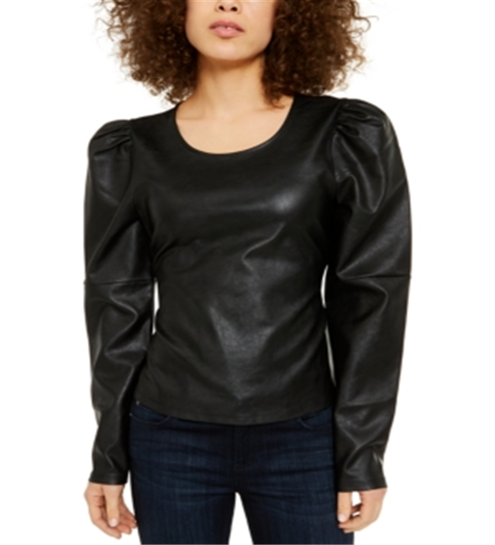 INC International Concepts Women's Faux Leather Faux Leather Tie Puff Long Sleeve Jewel Neck Top Black Size X-Small