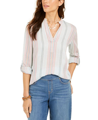 Style & Co Women's Cotton Striped Cuffed Sleeve Top Blue Size X-Small