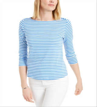 Charter Club Women's Supima Cotton Striped Top Blue Size Small