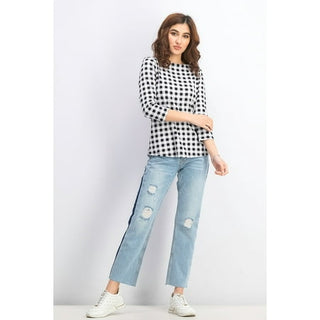 Charter Club Women's Black Gingham Print Boat Neck Top Size X-Large