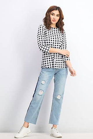 Charter Club Women's Black Gingham Print Boat Neck Top Size X-Large