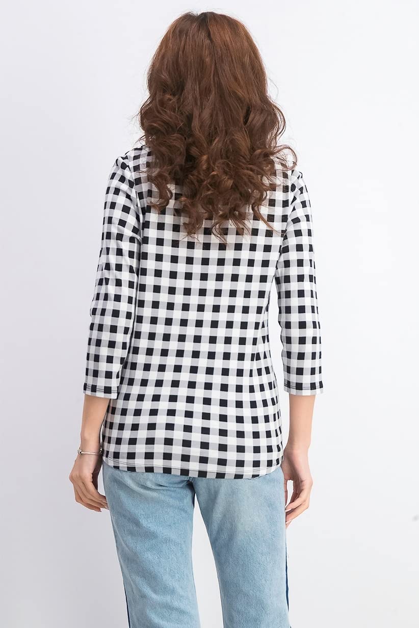 Charter Club Women's Black Gingham Print Boat Neck Top Size X-Large