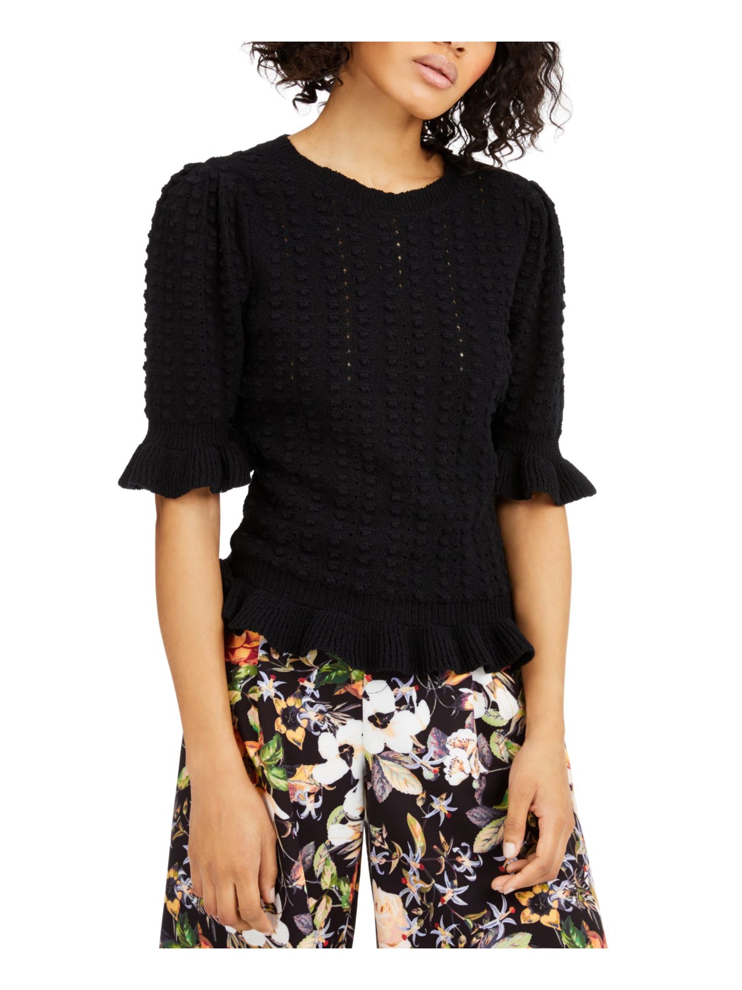 INC International Concepts Women's Patterned Short Sleeve Jewel Neck Sweater Black Size Large