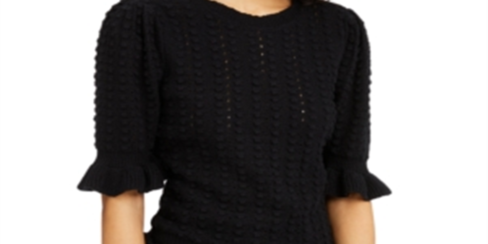 INC International Concepts Women's Patterned Short Sleeve Jewel Neck Sweater Black Size Large