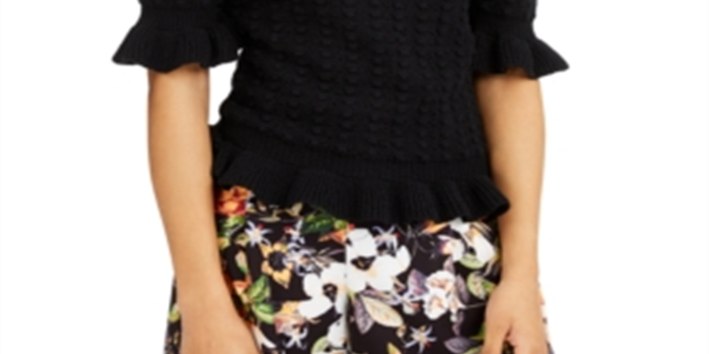 INC International Concepts Women's Patterned Short Sleeve Jewel Neck Sweater Black Size Large