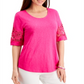 Charter Club Women's Cotton Lace Sleeve Top Pink Size Petite Small
