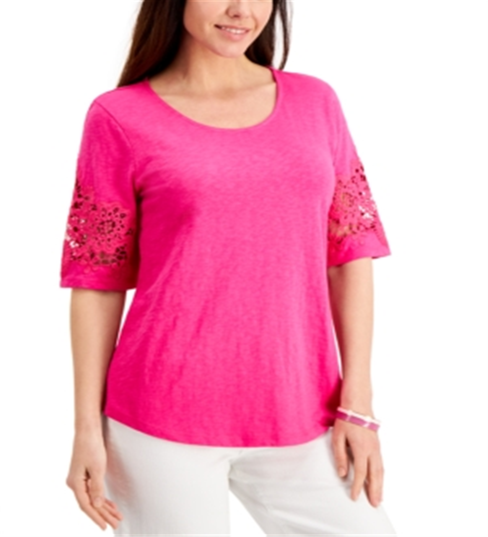 Charter Club Women's Cotton Lace Sleeve Top Pink Size Petite Small