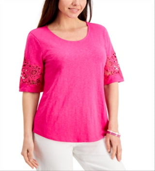 Charter Club Women's Cotton Lace Sleeve Top Pink Size Petite Small