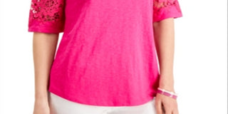 Charter Club Women's Cotton Lace Sleeve Top Pink Size Petite Small