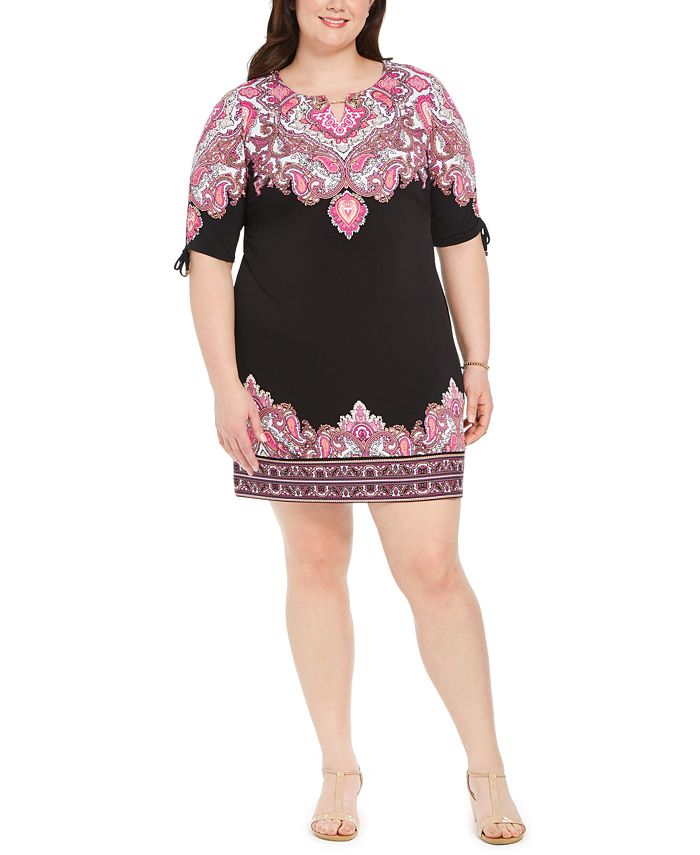 JM Collection Women's Printed Ruched Sleeve Dress Pink Size Petite Medium