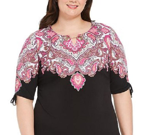 JM Collection Women's Printed Ruched Sleeve Dress Pink Size Petite Medium