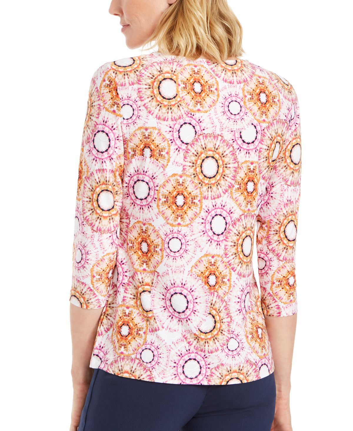 JM Collection Women's Printed 3/4 Sleeve Jacquard Top Pink Size X-Large