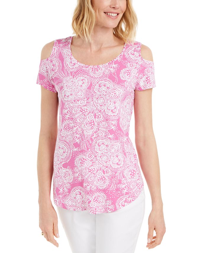JM Collection Women's Printed Cold Shoulder Scoop Neck Top Pink Size X-Large