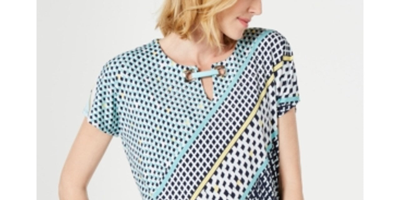 JM Collection Women's Printed Grommet Keyhole Top Blue Size Small