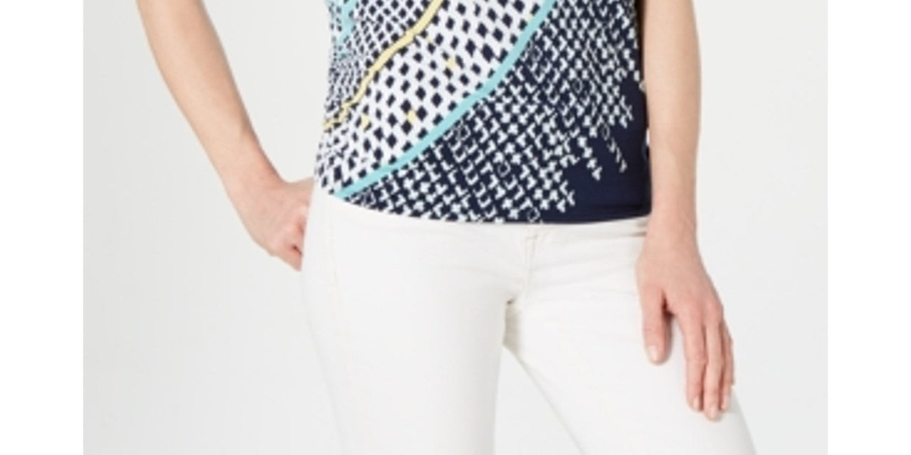 JM Collection Women's Printed Grommet Keyhole Top Blue Size Small