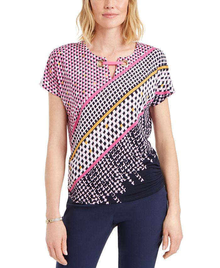 JM Collection Women's Printed Grommet Keyhole Top Pink Size X-Large