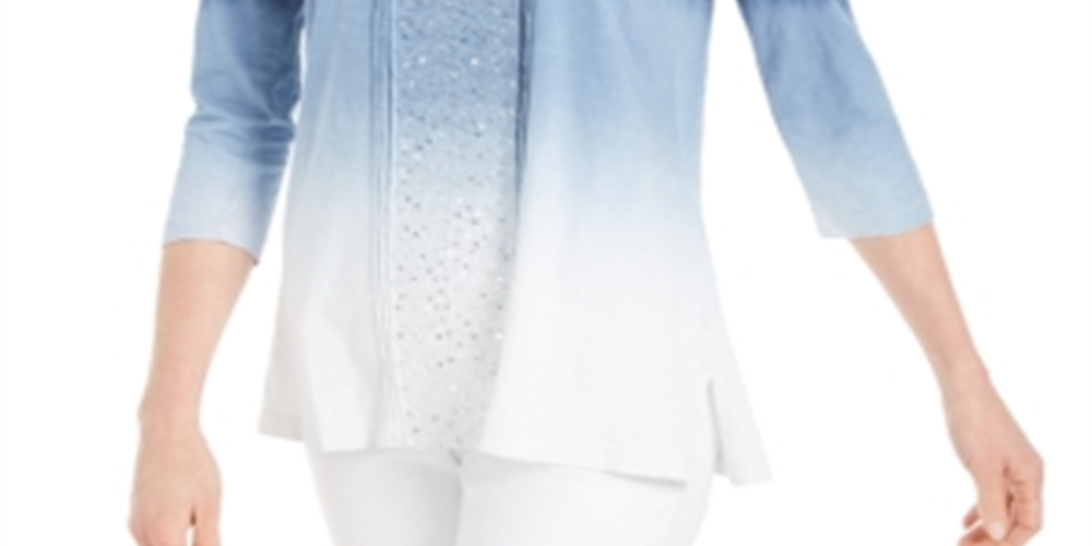 JM Collection Women's Sequined Scoop Neck Top Blue Size XX-Large