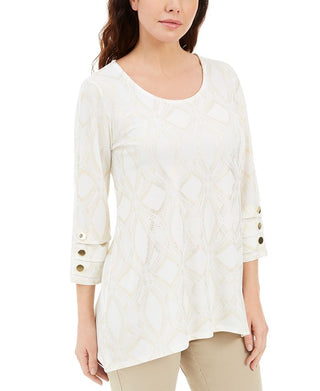 JM Collection Women's Metallic Print Buttoned Cuff Top Brown Size X-Small