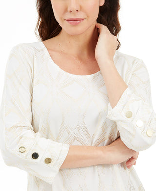 JM Collection Women's Metallic Print Buttoned Cuff Top Brown Size X-Small