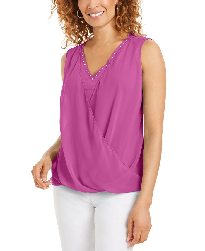 JM Collection Women's Sleeveless Studded Draped Top Pink Size X-Large