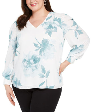Alfani Women's Floral Long Sleeve V Neck Blouse Top White Size 3X