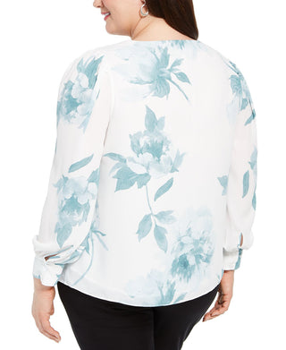 Alfani Women's Floral Long Sleeve V Neck Blouse Top White Size 3X