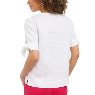Charter Club Women's Linen Split Neck Tie Cuff Top White Size Small