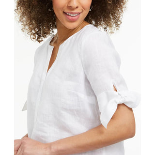 Charter Club Women's Linen Split Neck Tie Cuff Top White Size Small