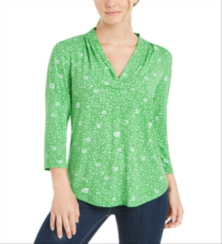 Charter Club Women's Floral Print Pleated V Neck 3/4 Sleeve Top Green Size Small