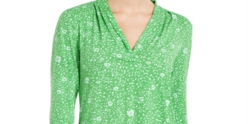 Charter Club Women's Floral Print Pleated V Neck 3/4 Sleeve Top Green Size Small