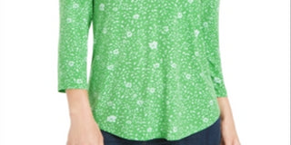 Charter Club Women's Floral Print Pleated V Neck 3/4 Sleeve Top Green Size Small